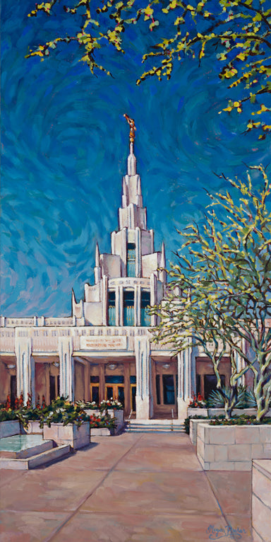 A painting of the Phoenix temple beneath swirling blue skies.