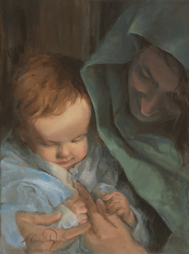 Mary holding baby Jesus. 