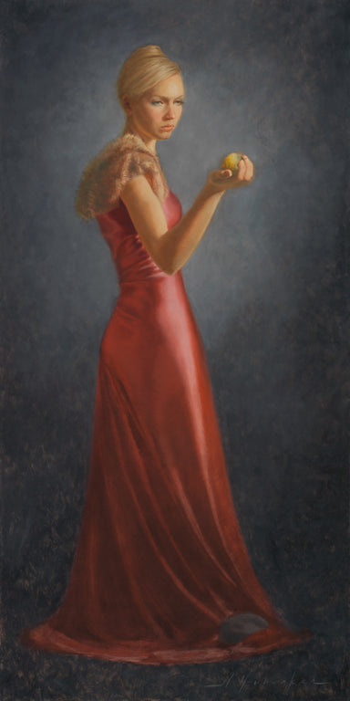 Young woman in a red dress with a rock on the edge of her dress. She is staring thoughtfully at a golden fruit in her hand.