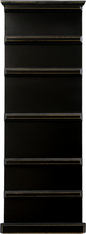 Dresser with 5 drawers, black in color, Altus Fine Arts branding.
