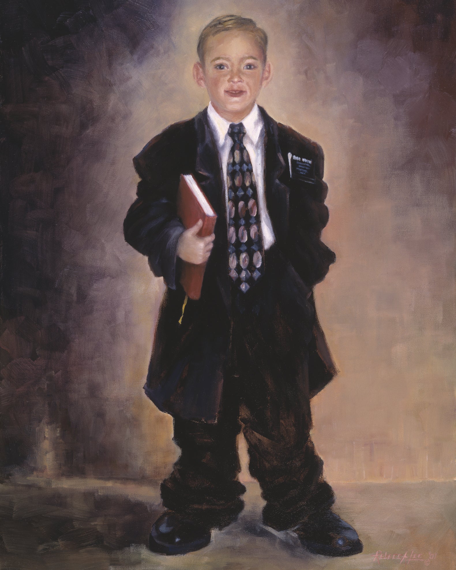 Young boy dressed in a baggy suit as a missionary holding a book of Mormon. 