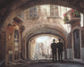 Two elder missionaries walking under an arch in a European Street. 
