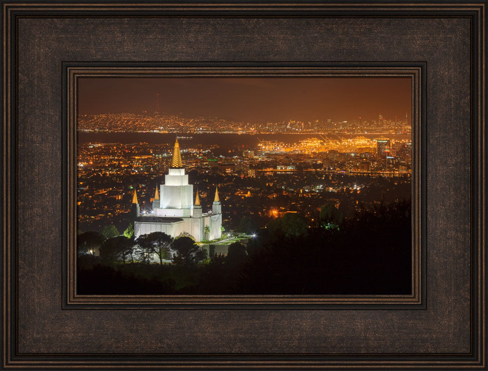 Oakland Temple - Night with Bay by Robert A Boyd