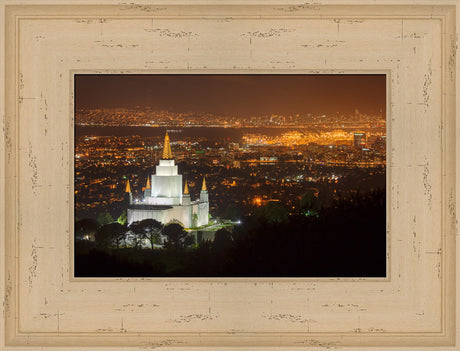 Oakland Temple - Night with Bay by Robert A Boyd