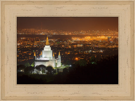 Oakland Temple - Night with Bay by Robert A Boyd