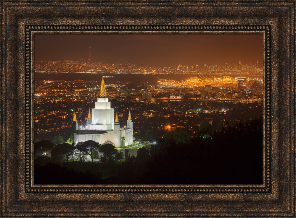 Oakland Temple - Night with Bay by Robert A Boyd