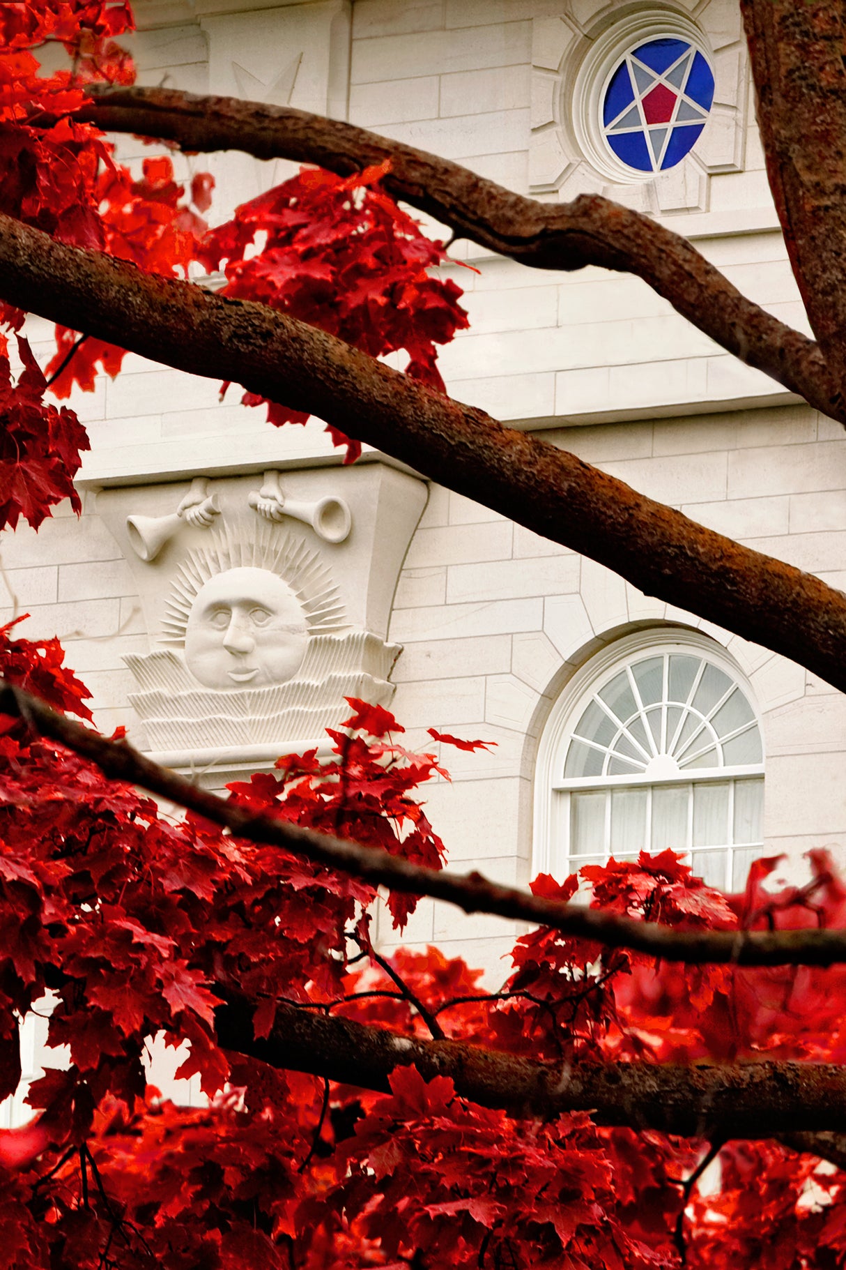 Nauvoo Temple - Red Leaves vertical crop by Robert A Boyd