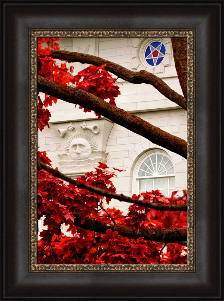 Nauvoo Temple - Red Leaves vertical crop by Robert A Boyd