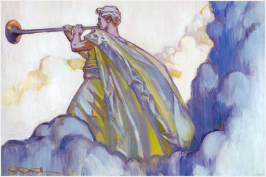 An angel standing in the clouds blowing a trumpet. 
