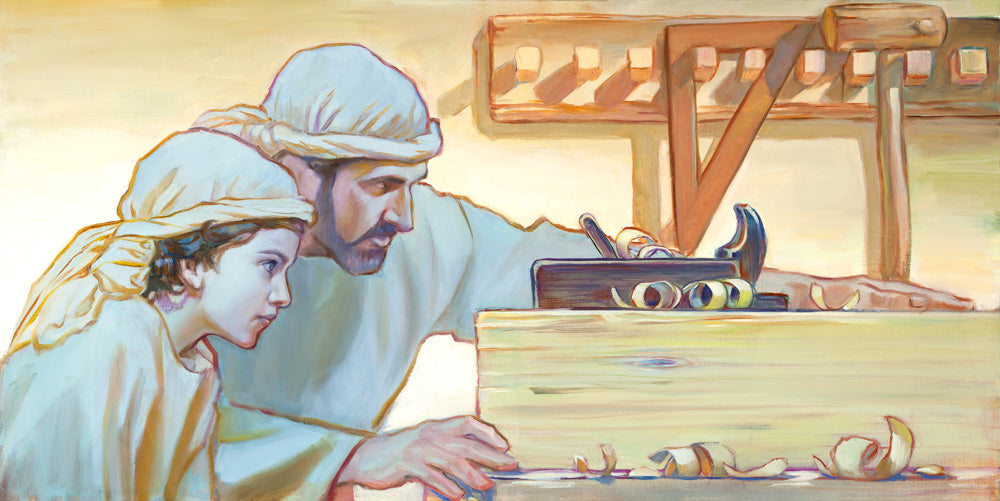 Young jesus being taught to woodwork by his father Joseph. 