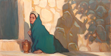 Women sitting on ground next to a open tomb with shadow of the risen Christ. 
