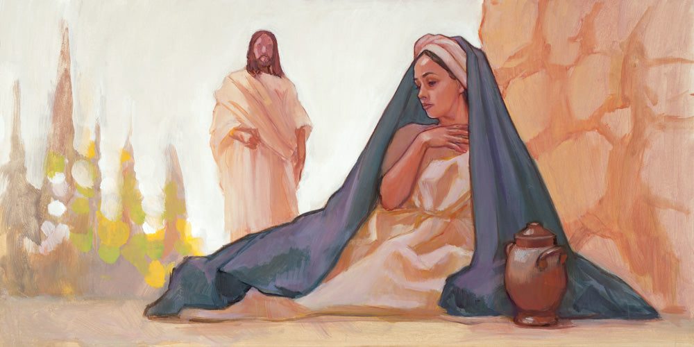 Women sitting on ground next to wall with Christ approaching behind her. 