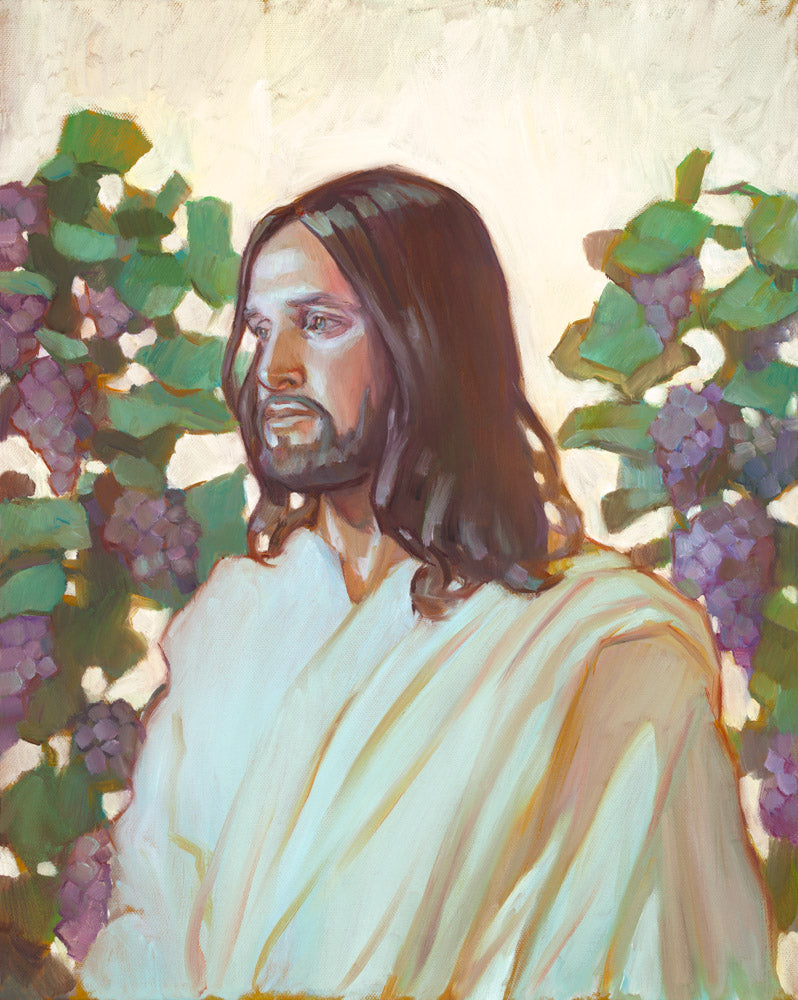 Jesus Christ standing in front of grape vines. 