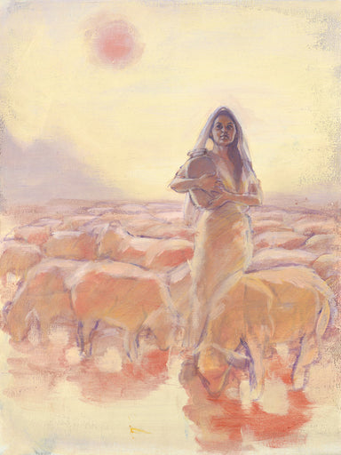 Women holding pot while tending to a herd of sheep. 