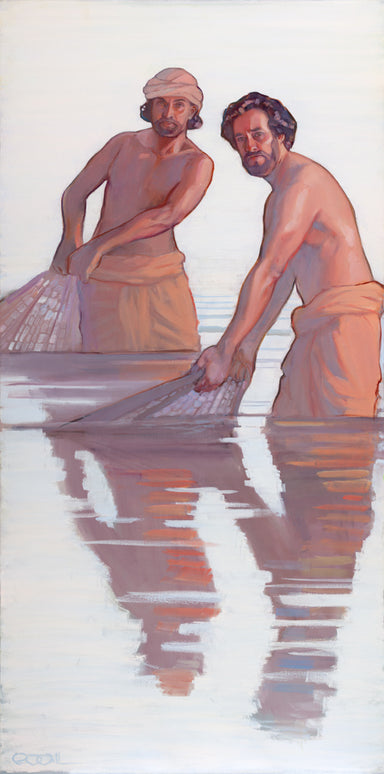 Two men standing in water pulling in fishing nets. 