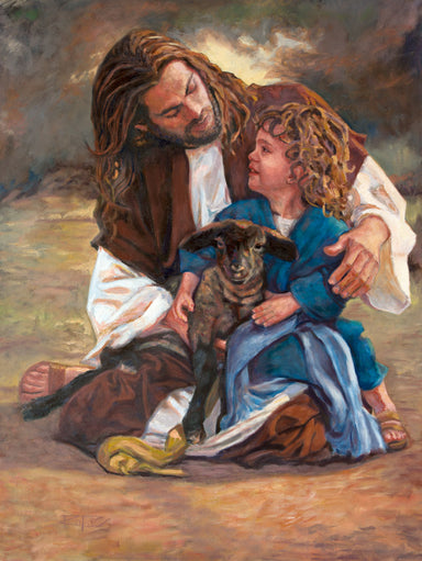 Jesus with a young child and sheep. 