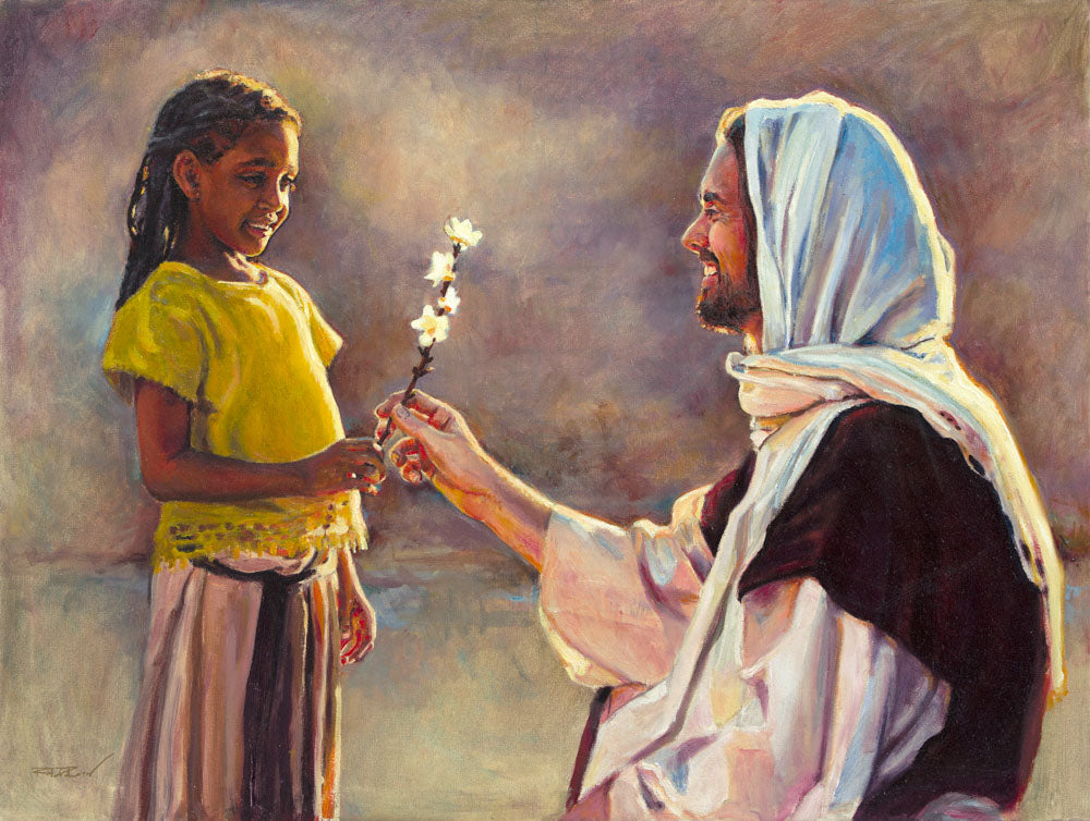 A little girl handing a flower to Jesus. 