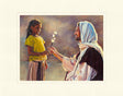 A little girl handing a flower to Jesus.