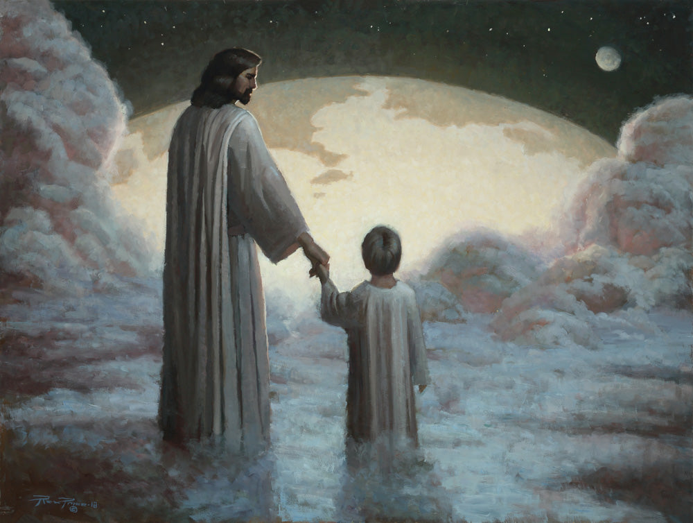 Heavenly father holding hands with young boy looking down at earth. 