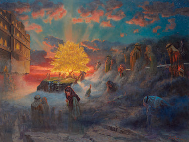 Depiction of the prophet Lehi's dream of the tree of life and iron rod. 