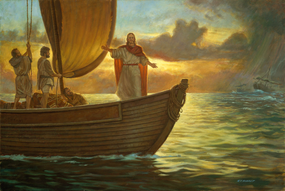 Jesus on a boat with apostles stilling the storm and the seas. 
