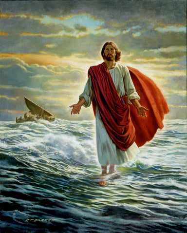 Jesus Christ walking on water with boat in the background. 
