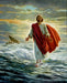 Jesus Christ walking on water with boat in the background. 