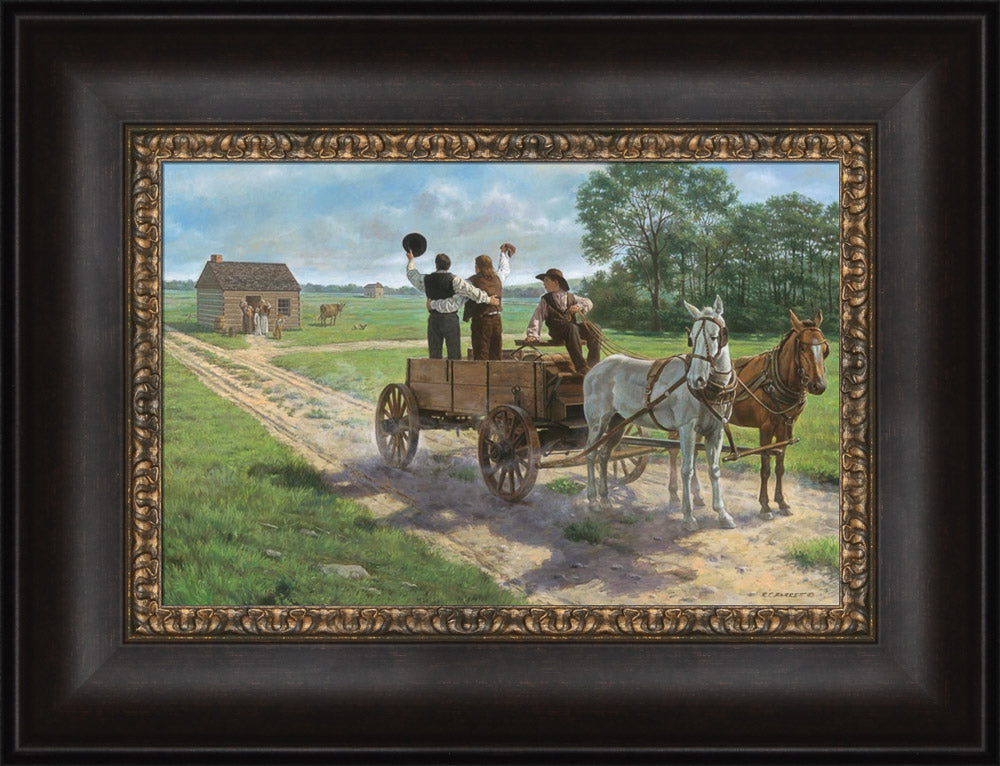 Heber C. Kimball, Brigham Young and Orson F. Whitney shout from a wagon. Art 5