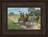 Heber C. Kimball, Brigham Young and Orson F. Whitney shout from a wagon. Art 6