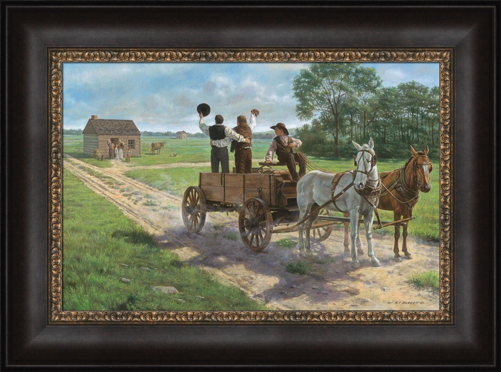 Heber C. Kimball, Brigham Young and Orson F. Whitney shout from a wagon. Art 3