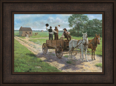 Heber C. Kimball, Brigham Young and Orson F. Whitney shout from a wagon. Art 7