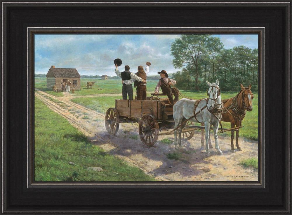 Heber C. Kimball, Brigham Young and Orson F. Whitney shout from a wagon. Art 4