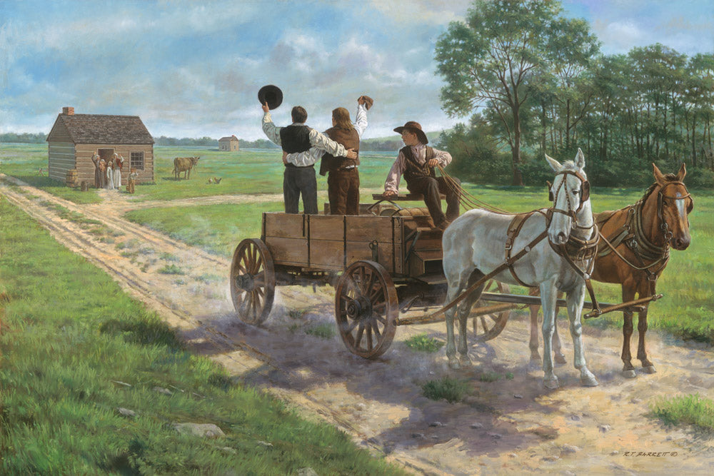 Heber C. Kimball, Brigham Young and Orson F. Whitney shout from a wagon.