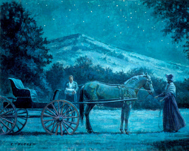 Emma Smith waits at a wagon as Joseph fetches the gold plates from the Hill Cumora. 