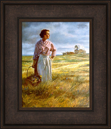 A pioneer women holding a basket of wildflowers in a field with a covered wagon in the background. Art 2