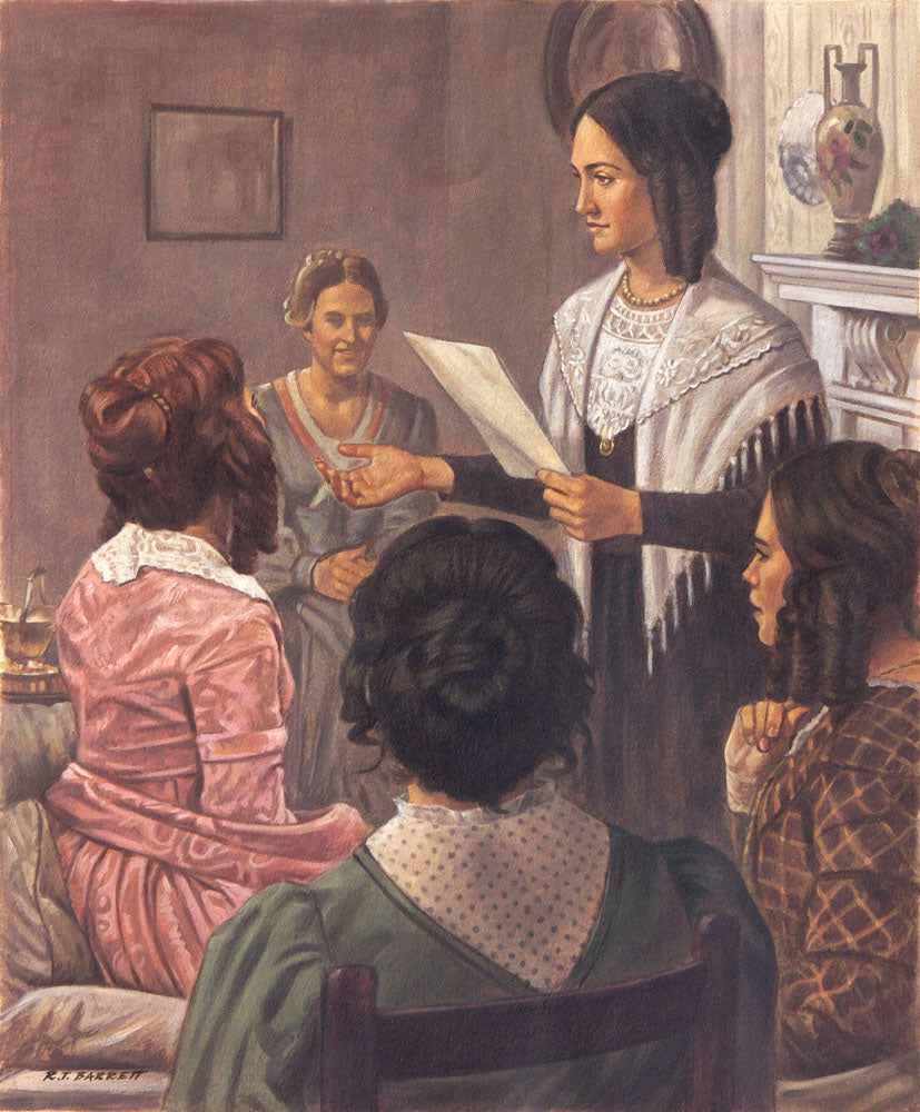 Emma Smith standing and reading surrounded by latter day saint women. 