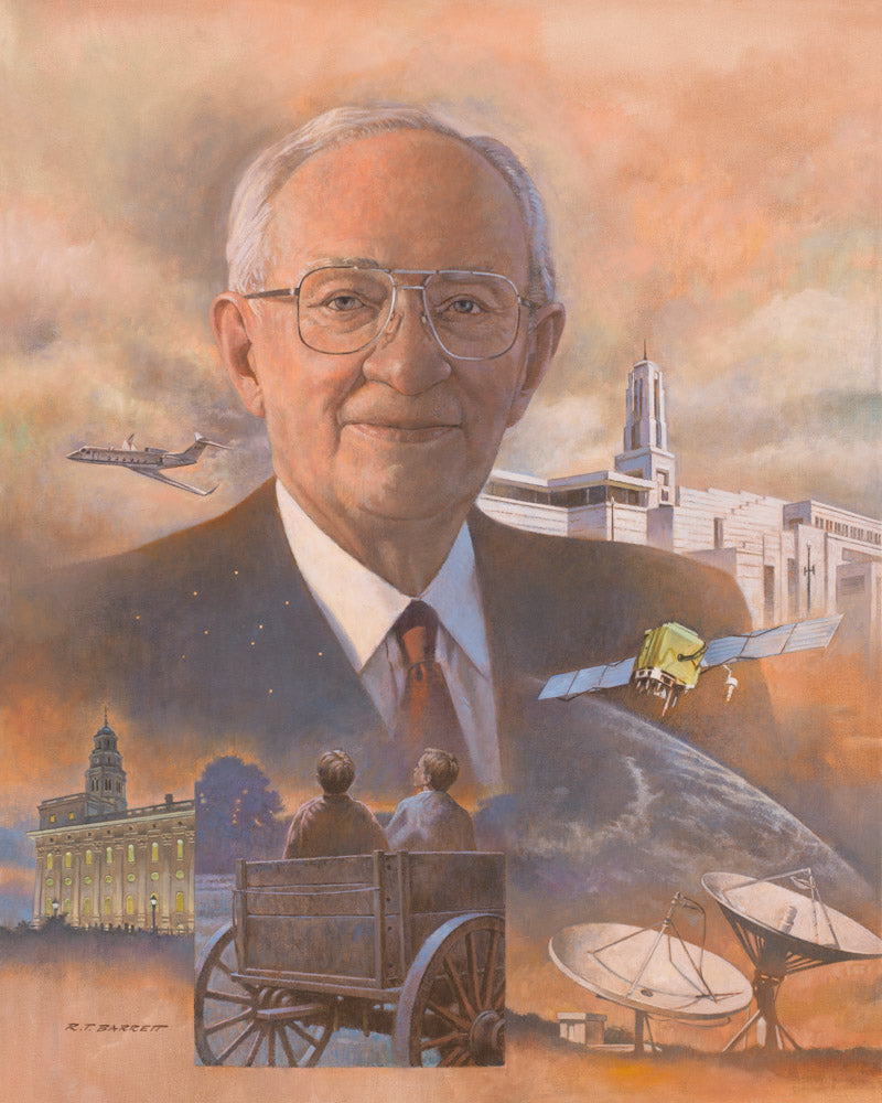 A portrait of Prophet Gordon B. Hinckley surrounded by things of his life. 