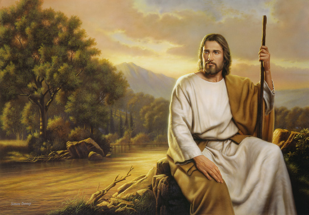 Christ sitting beside the still waters invoking the imagery of Psalms 23.