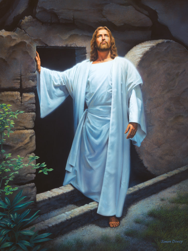 Resurrected Christ emerging from the tomb with the stone rolled away.