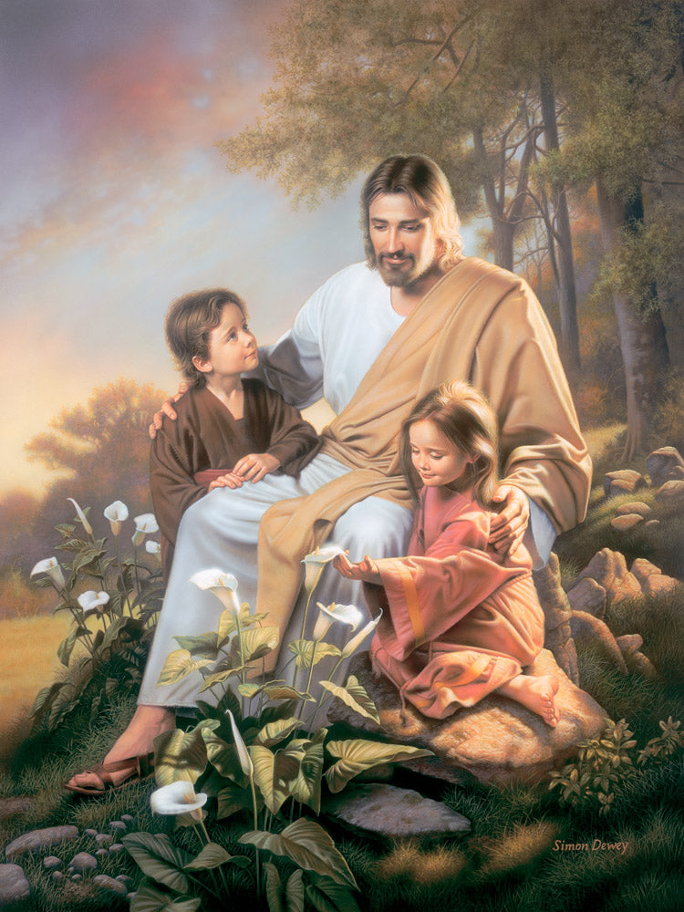 Jesus sitting with a boy and a girl with white lilies in the foreground.