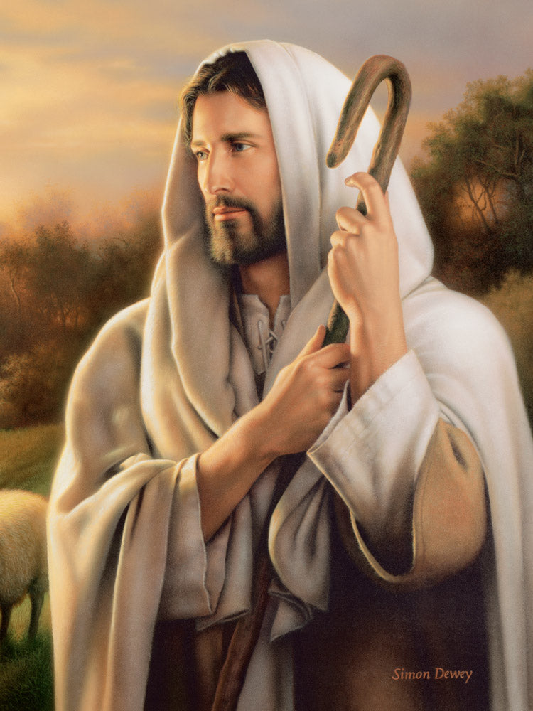 Portrait of Jesus as the good shepherd, holding a shepherds staff.