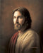 Simple portrait of Christ wearing a red robe and looking compassionate.