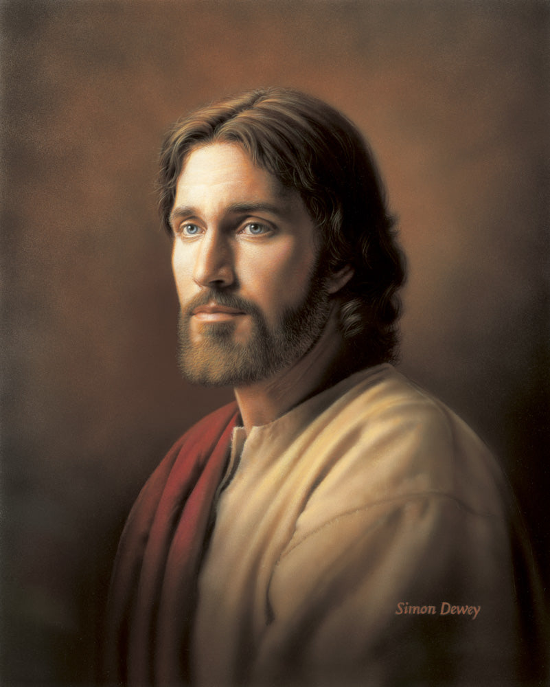 Simple portrait of Christ wearing a red robe and looking compassionate.