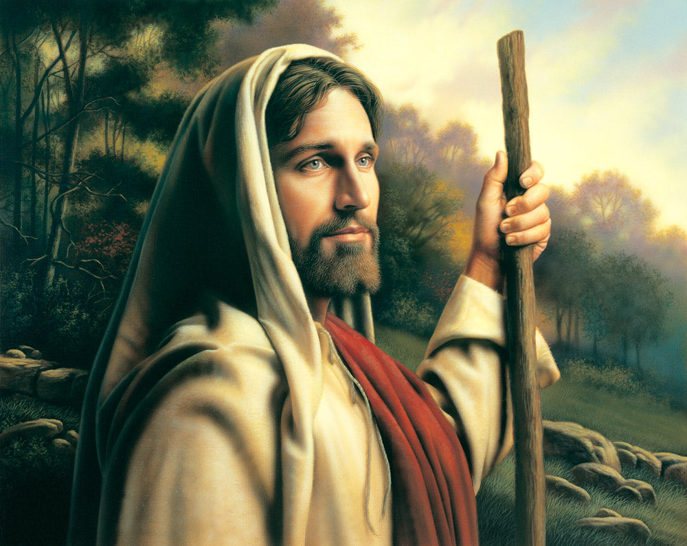 Jesus holding a staff and inviting us to follow him on the path.