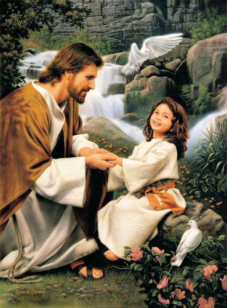 Jesus kneeling beside a girl with doves and a waterfall in the background.