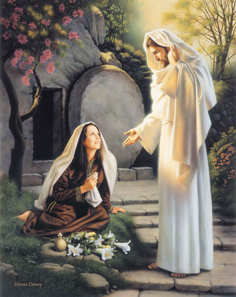 Resurrected Christ speaking with Mary at the tomb and comforting her.