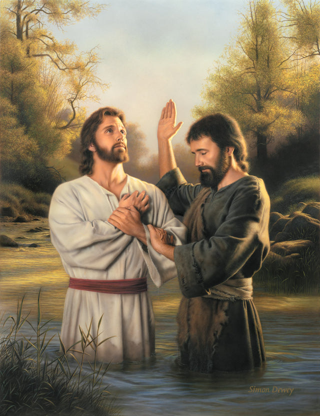 John the baptist preparing to baptize Jesus in the Jordan river.