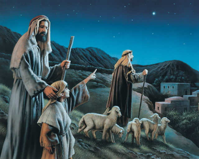 Shepherds from Luke 2 account of the nativity pointing at the new star.