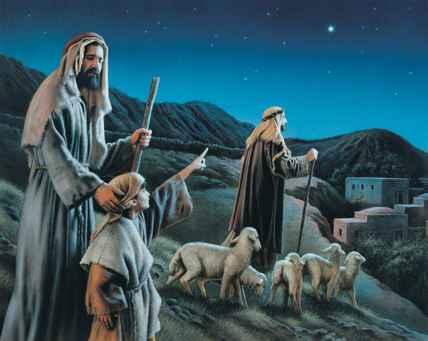 Shepherds from Luke 2 account of the nativity pointing at the new star.