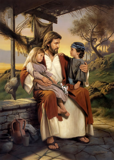Jesus sitting with a boy and girl under a canopy teaching them.